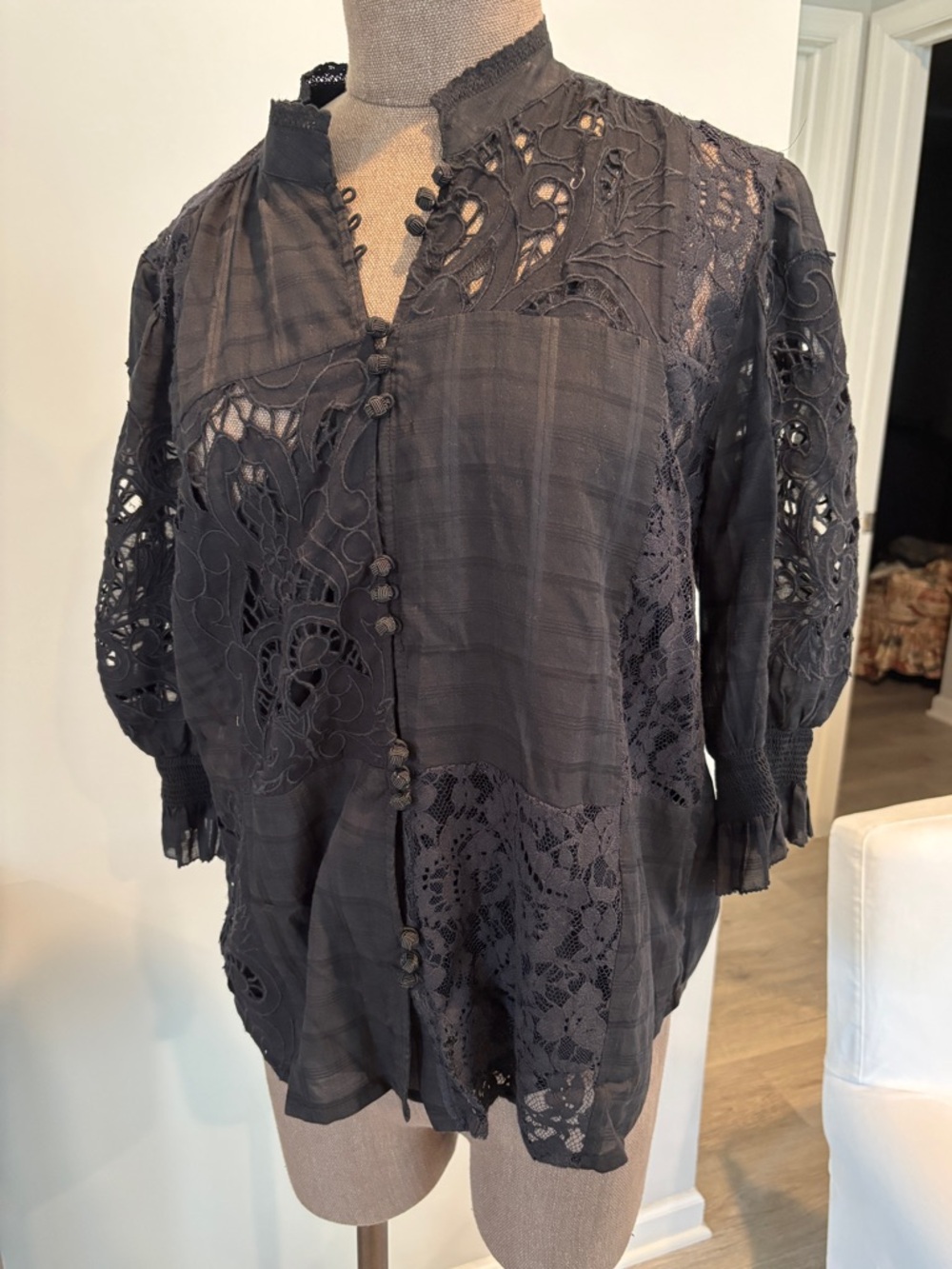 NWT Sundance Black Lace & Cutwork Button-Front Blouse